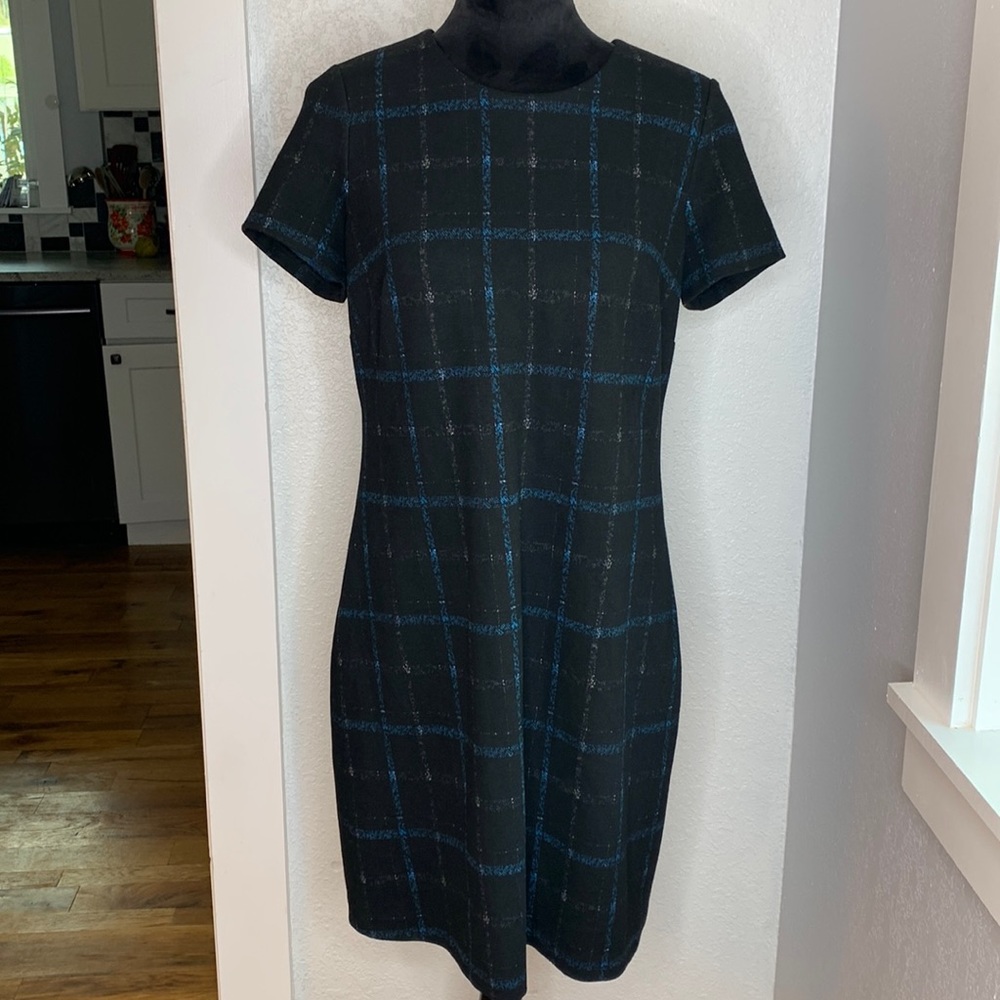 Calvin Klein black fade plaid pattern sheath dress short sleeves
